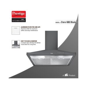 Prestige Clara 600 Glass Kitchen Hood with Powder Coated Body and Aluminium Filter, 800m3HR, Black