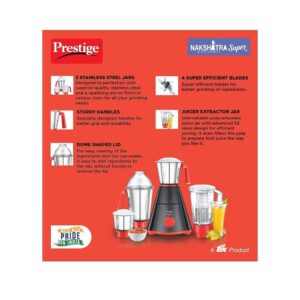 Prestige Nakshatra Super Mixer Grinder- 750 watts – with 3 Stainless Steel Jar and 1 juicer Jar (42522)