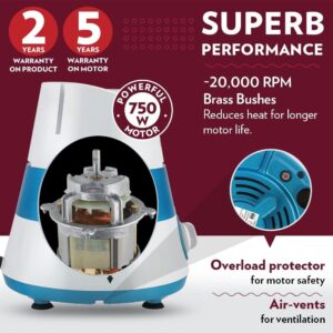 Borosil Supermax Mixer Grinder, 750 Watts, 3 Stainless Steel Jars (Blue)