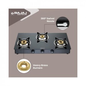 Bajaj NBAI Powder Coated Glasstop Gas Stove with Non Battery Auto Ignition, 3 Burner, Black