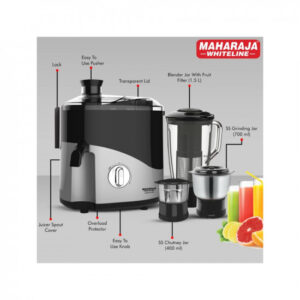 Maharaja Whiteline Plastic Odacio Plus 550-Watt Juicer Mixer Grinder With 3 Jars (Black/Silver), 550 Watt